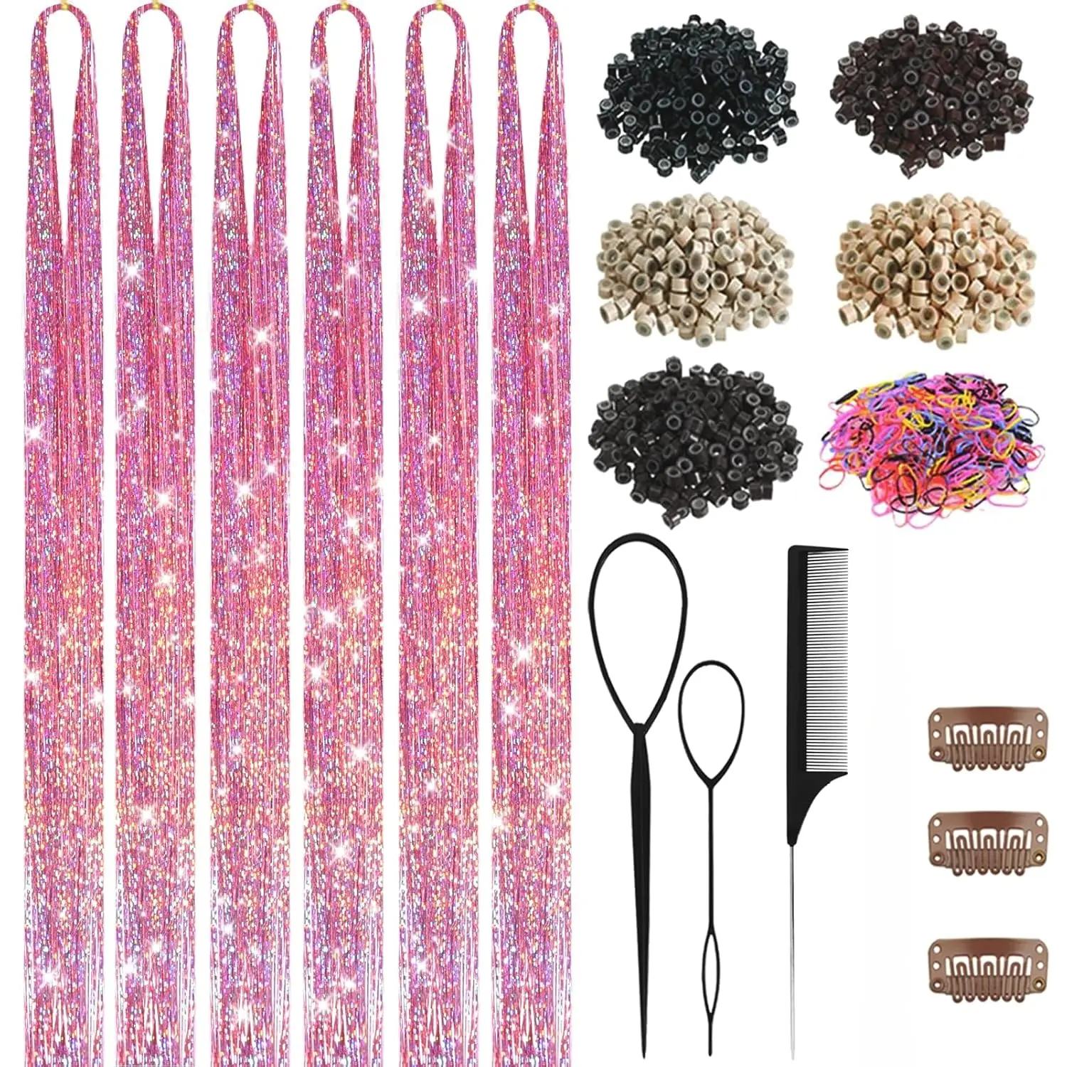 Hair Tinsel Kit with Tools 48 Inch 6Pcs Pink Glitter Tinsel Hair Extensions Sparkling Shiny Hair Tinsel Strands Kit Heat Resistant for Women Girls Birthday Party
