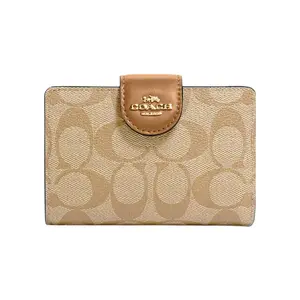 COACH Corner Zip 13 Wallet with Coated Canvas and Leather for Women in Khaki