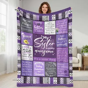 Purple Sisters Theme Flannel Blanket Inspirational Quotes and Floral Pattern Soft Cozy Warm Perfect for Bedroom Sofa Travel Sisters Gift summerwins