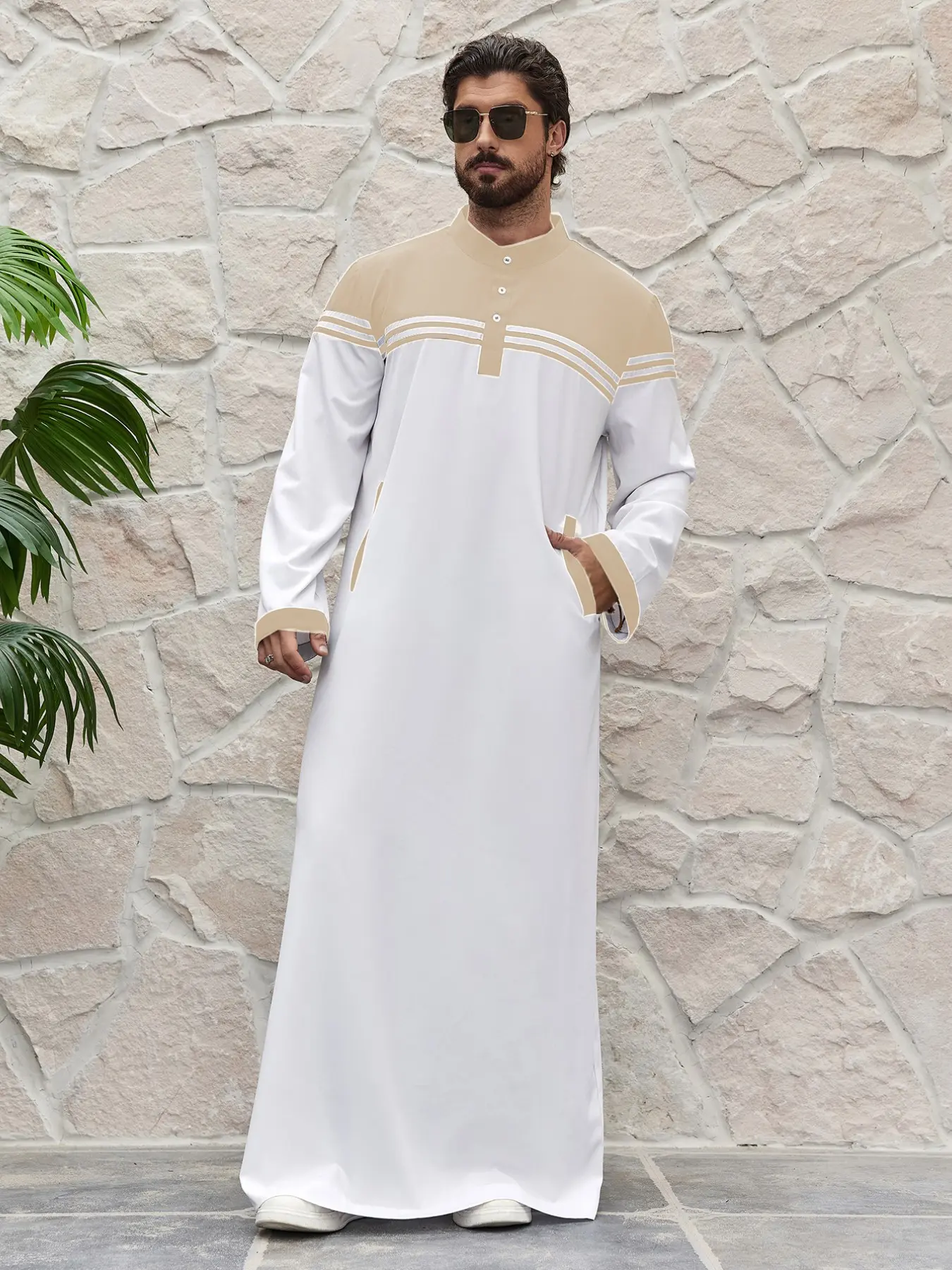 Academic Style Men's Colorblock Patchwork Shirt Robe, Muslim Men's Top, Muslim Thobe, Middle Eastern Long Coat, Outerwear Without Lining or Zipper