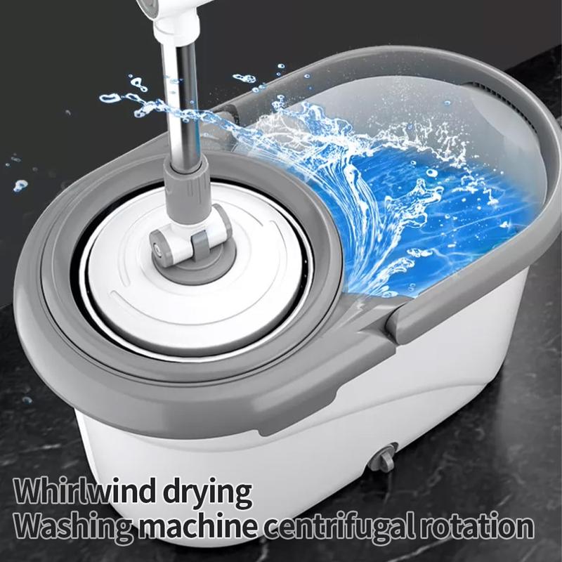 A 360° spin mop bucket set, equipped with 2 microfiber replacement heads, mop bucket, stainless steel adjustable handle, household cleaning tool, suitable for various floor cleaning tasks. Wipes