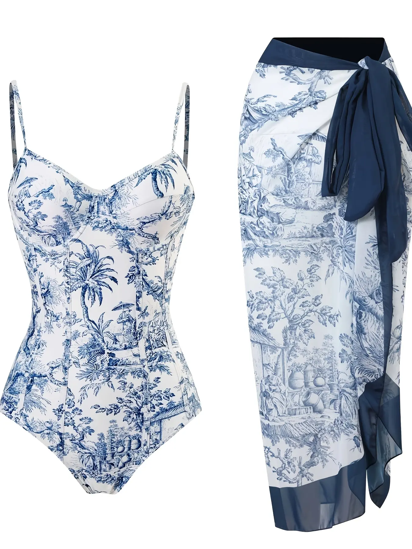 Women's 1-Piece Blue White Toile De Jouy Tropical Print Swimsuit with Matching Sarong Cover-Up Set, Adjustable-Strap Swimsuits for Women, Beach Vacation Wear, One Piece Swimsuit