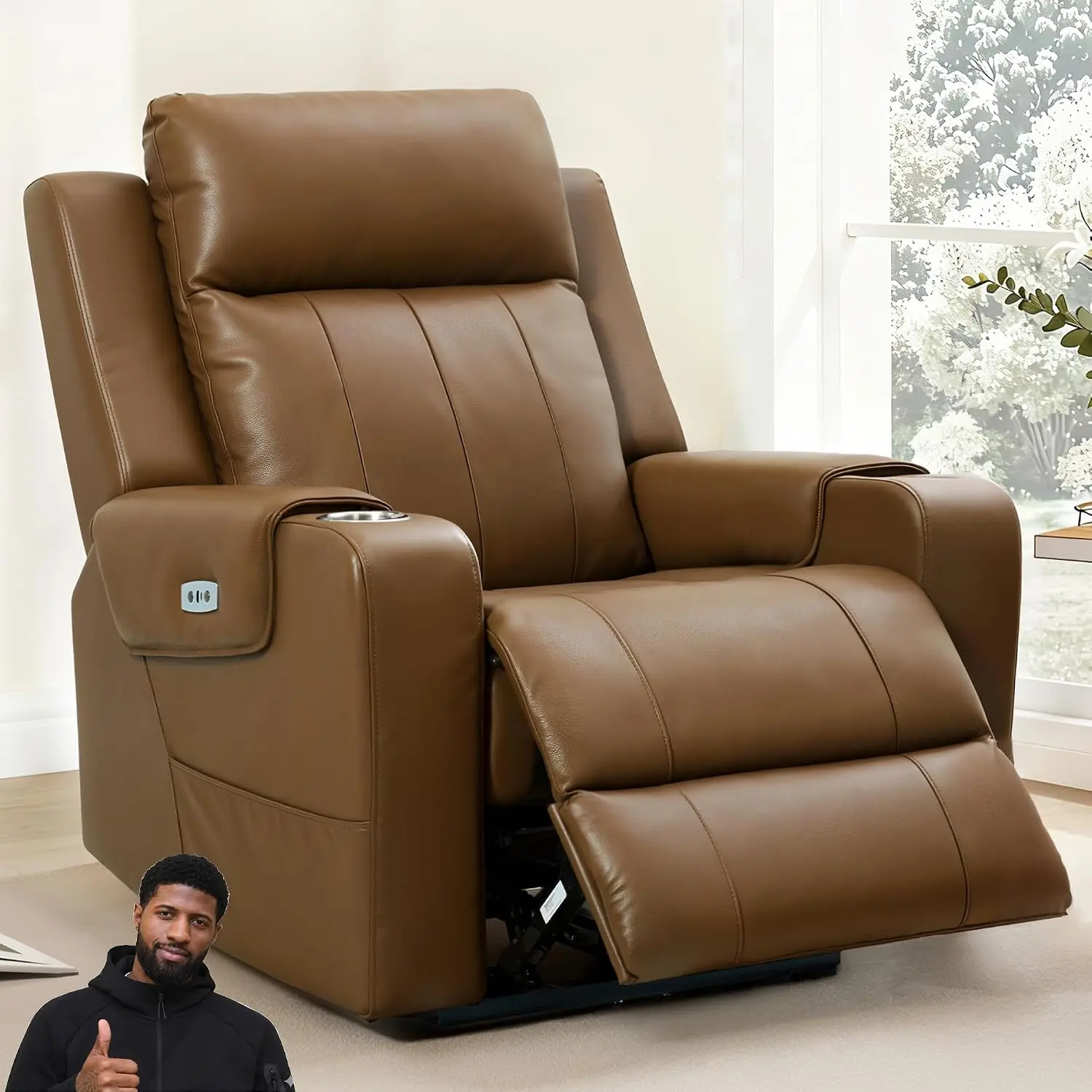 FLEXISPOT Truffle Top Grain Leather Power Wall Hugger Recliner Chairs with Massage & Heat, Electric RV Recliner with Adjustable Headrest, Space-Saving Sofa for Living Room Home Theater, Beige