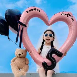 1pc Hollow Heart Balloon Girl Bow Number Balloon Decoration, Baby Birthday Party Supplies, Birthday Decorations