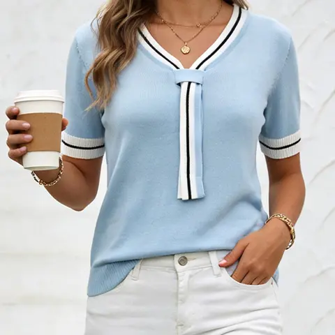 Cakulo Women's Elegant Shortsleeve V-Neck Knit Pull-On Sweater - Medium Length Lady Top with Contrast Trim, Twist Hem, Soft Warm Fabric, Jeans-Pair Friendly for Thanksgiving, Everyday Wear