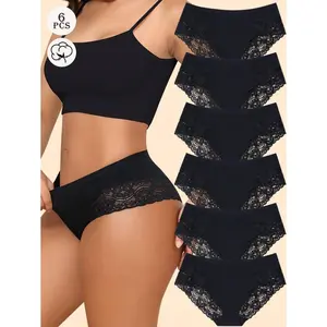 6 Pack Black Cotton Underwear For Women Lace Cheeky Bikini Panties Stretch Ladies Soft Hipster Briefs S-XXL