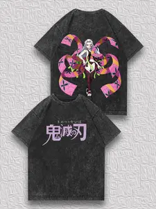 valentine shirts Men's Distressed Double-Sided T-Shirt - Demon Slayer Daki Retro Print, Anime Washed Process, Niche Anime Short-Sleeve
