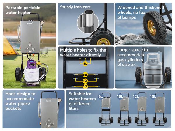 Dolly Hand Cart for Portable Tankless Water Heaters, Mobile Hot Water Washing Station, for Pet Grooming, Horse Stables, Hunting Camp & Camping