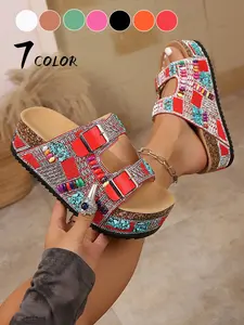 Women's Summer Fashion Thick Sole Sandals, Bohemian Style Platform Slippers, 2026 New Metal Buckle Decorative Heel Beach Shoes, Boho Style Footwear, Buckle Design Sandals