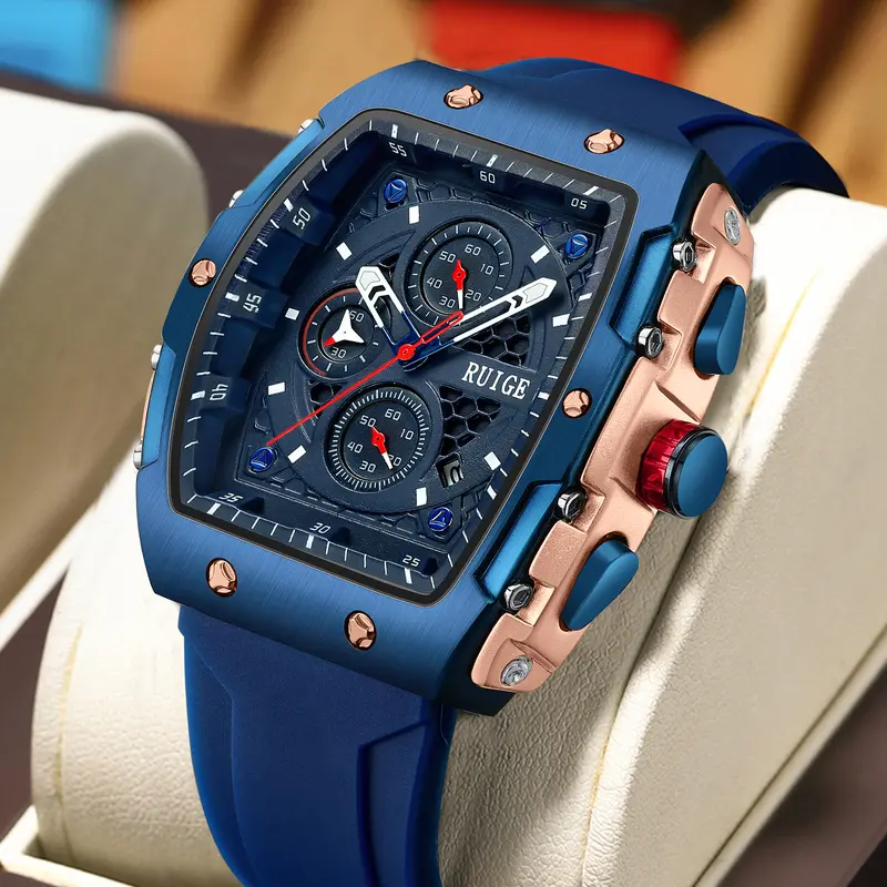 RUIGE Men's 46mm Bucket-Shaped Alloy Analog Fashionable Stylish Watch - Waterproof Multifunctional, Luminous Dial Night-Glow Read << 30M Outdoor Watch with Quick Reads