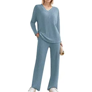 Lounge Sets for Women Long Sleeve Knit Ribbed Pajama Sets 2 Piece Casual Loungewear with Pockets