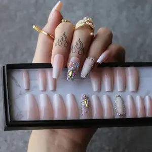 Extra Long Coffin Press on Nails, Crystal Luxury Nails with Silver Opal rhinestones, Pink French Mixed Light Ombre, 24pcs Glossy False Fake Tips, Finger Manicure for Women and Girls