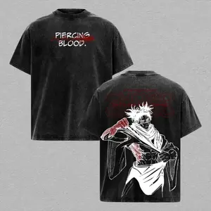 Jujutsu Kaisen Choso Piercing Blood Anime T Shirt Retro Washed Black Cotton Inspired Print Short Sleeve Crewneck Casual Oversized Streetwear Top for Adults