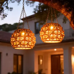 2 Pack Solar Lanterns Outdoor Waterproof, Hanging Solar Lights for Outside with Upgraded Bright LED, Boho Rattan Lantern, Outdoor Chandelier Lights for Garden, Yard, Porch, Patio, Backyard, Gifts