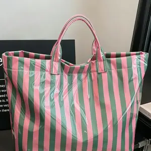 Striped Tote Bag Lightweight Handbag Textured Commuter Bag Large Capacity Portable Travel Shoulder Bag, Casual Style, Casual Trendy Bag, Multi Functional Suitable for Shopping Casual Handheld Shoulder Bag Zippered Closure