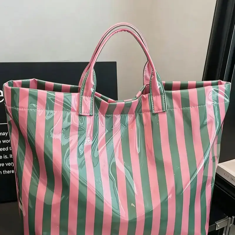 Striped Tote Bag Lightweight Handbag Commuter Large Capacity Portable Travel Shoulder Bag, Fashionable Casual Bag, Casual Style All Seasons, Casual Trendy Bag, Casual Handheld Shoulder Bag Zippered Closure