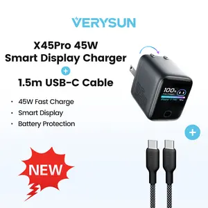 Verysun Smart Display X45 Pro Charger 45W Fast Charging USB-C Charger with 1.5 m USB-C to USB-C Cable Included, Switchable Charging Modes for Battery Health, Compact Foldable Plug, All-in-One Charging Set for iPhone, Samsung, iPad, MacBook & More