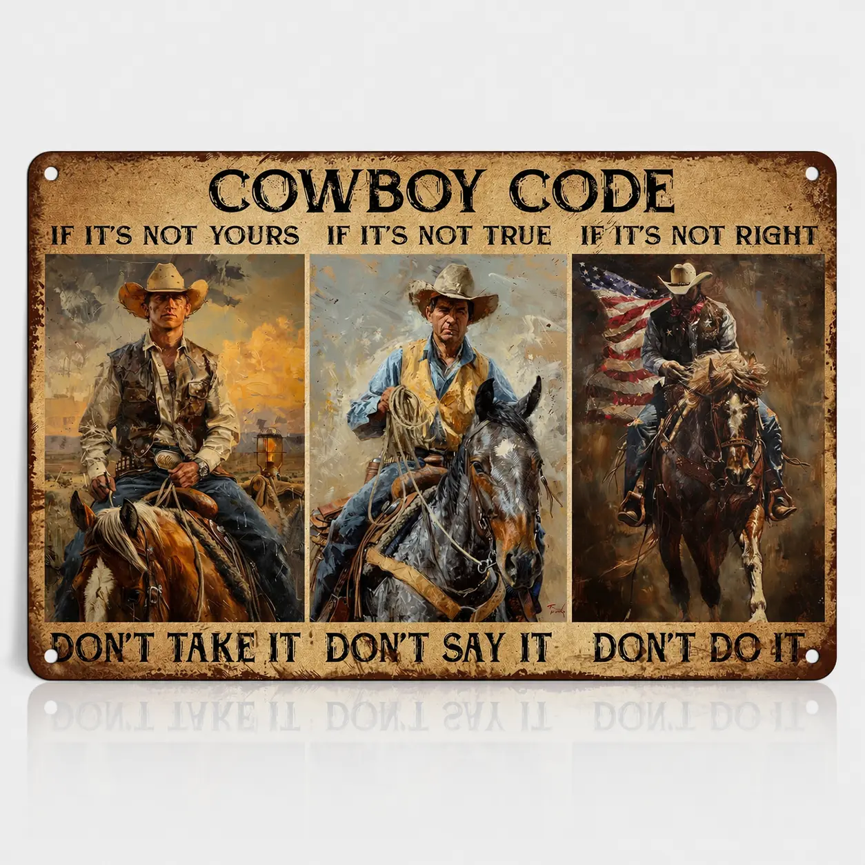 Antique Cowboy Code Lightweight Metal Tin Sign, Hanging Vintage Western Wall Decoration, Rustic Farmhouse Kitchen Wall Art, Old West Ranch Garage Bar Man Cave Gift, Retro