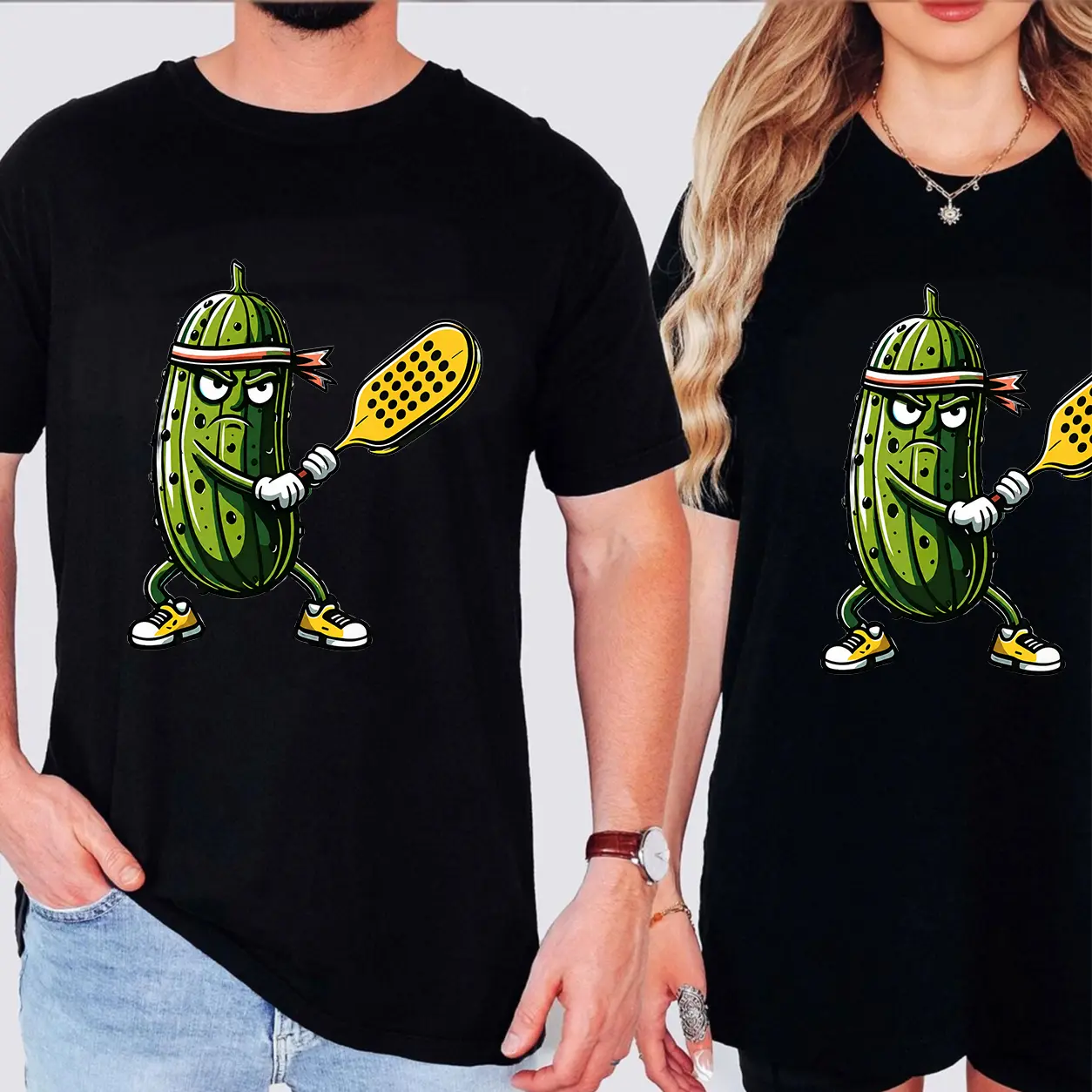 Unisex Pure Cotton T-shirt Men Funny Pickle Playing Pickleball Cartoon Print Universal Couple Short Sleeve Tee