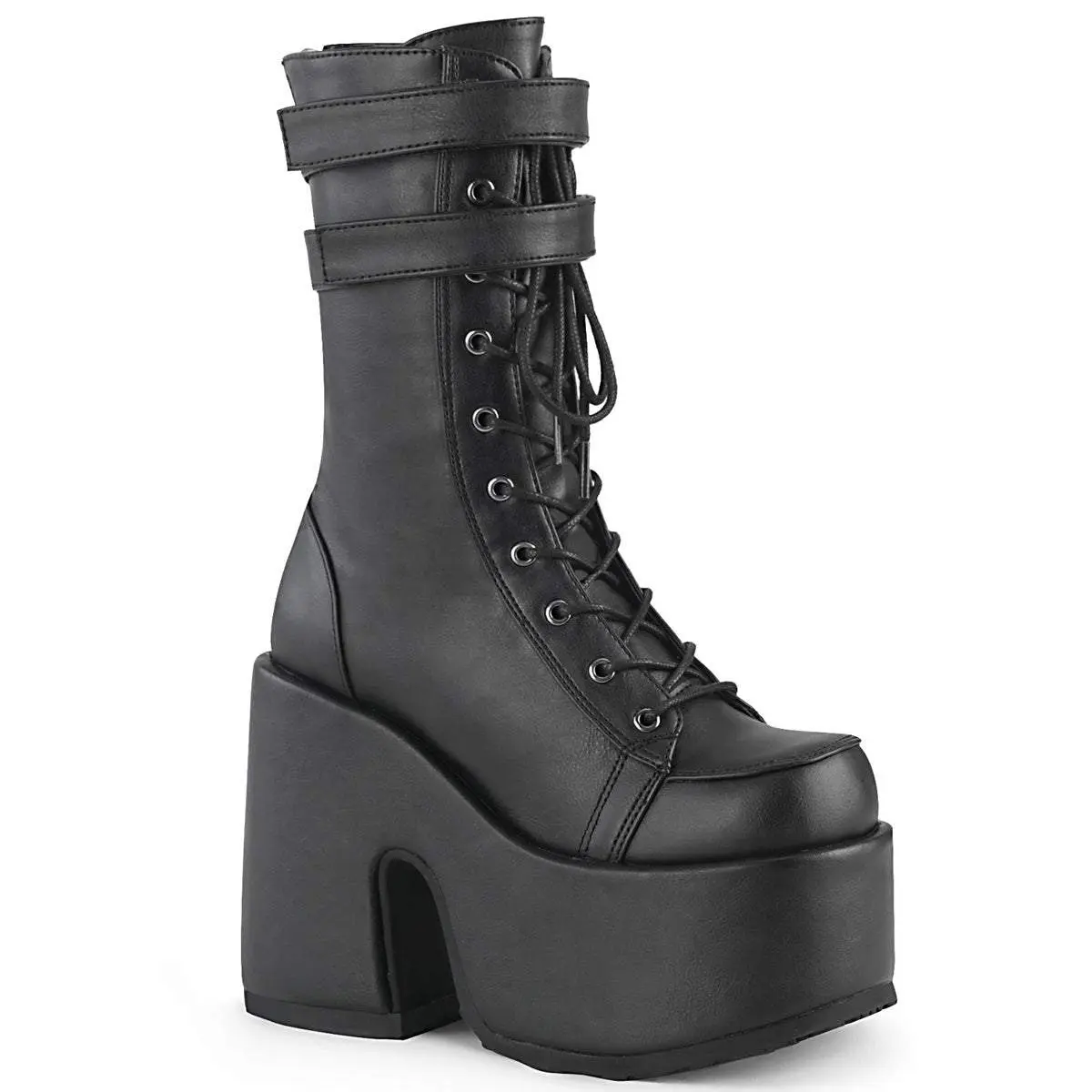 Demonia Camel-250 Black Vegan Leather Knee-high Boots
