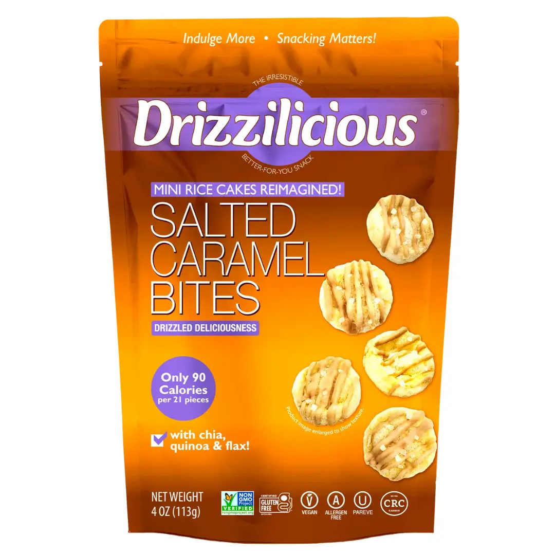 Drizzilicious Salted Caramel Mini Rice Cakes - Vegan, Gluten-Free, Crunchy & Healthy Snack, 90 Calories per Serving, 4 oz