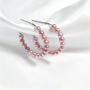 E14-Pearls Hoop Earring White Purple Round Baby Pearls S925 Sterling Silver Post Big Large Hoops 4mm Baby Pearls Earrings Jewelry Gifts