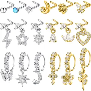 18 count Dangle Nose Ring L Shaped Dangling Nose Stud Nose Ring Hoop Indian Nose   with Charm