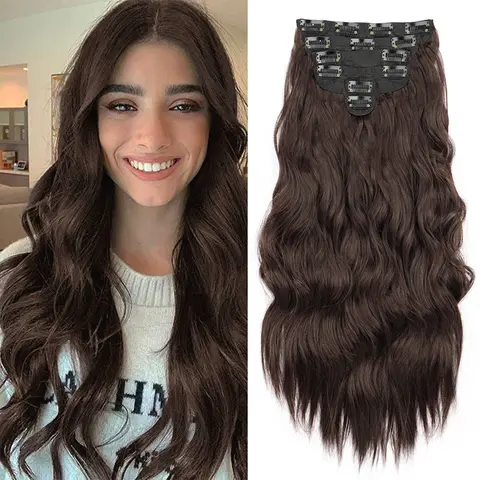 Missqueen Hair Extensions Clip in for Women - High-Quality Synthetic Fiber, 220g Thick Double Weft Hairpieces, 4.9in Soft Wavy Curly, 175°F Easy-Straighten (Avoid Above 180°F), Wavy Synthetic Hair, Casual Daily & Party Use, Easy-Wear, DIY Fun