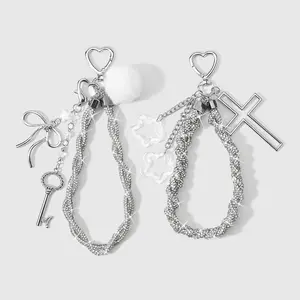 1 piece Y2K trendy fashion light luxury versatile high-end silver soft clay rhinestone braided cord tassel cross bowknot DIY keychain bag charm suitable for women’s everyday wear holiday gift