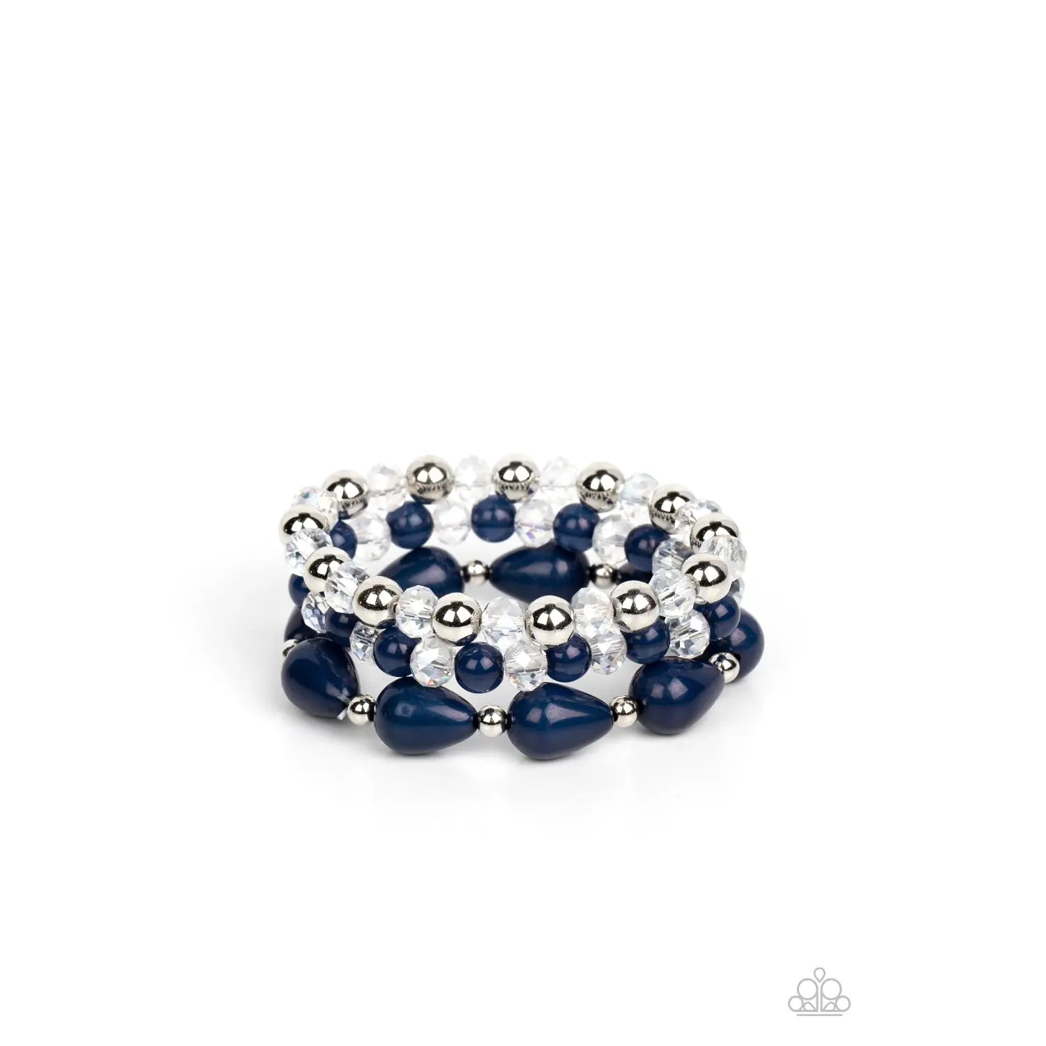 Beachside Brunch - Blue Navy Silver and Clear Crystal Bead Stretchy Bracelet - Paparazzi