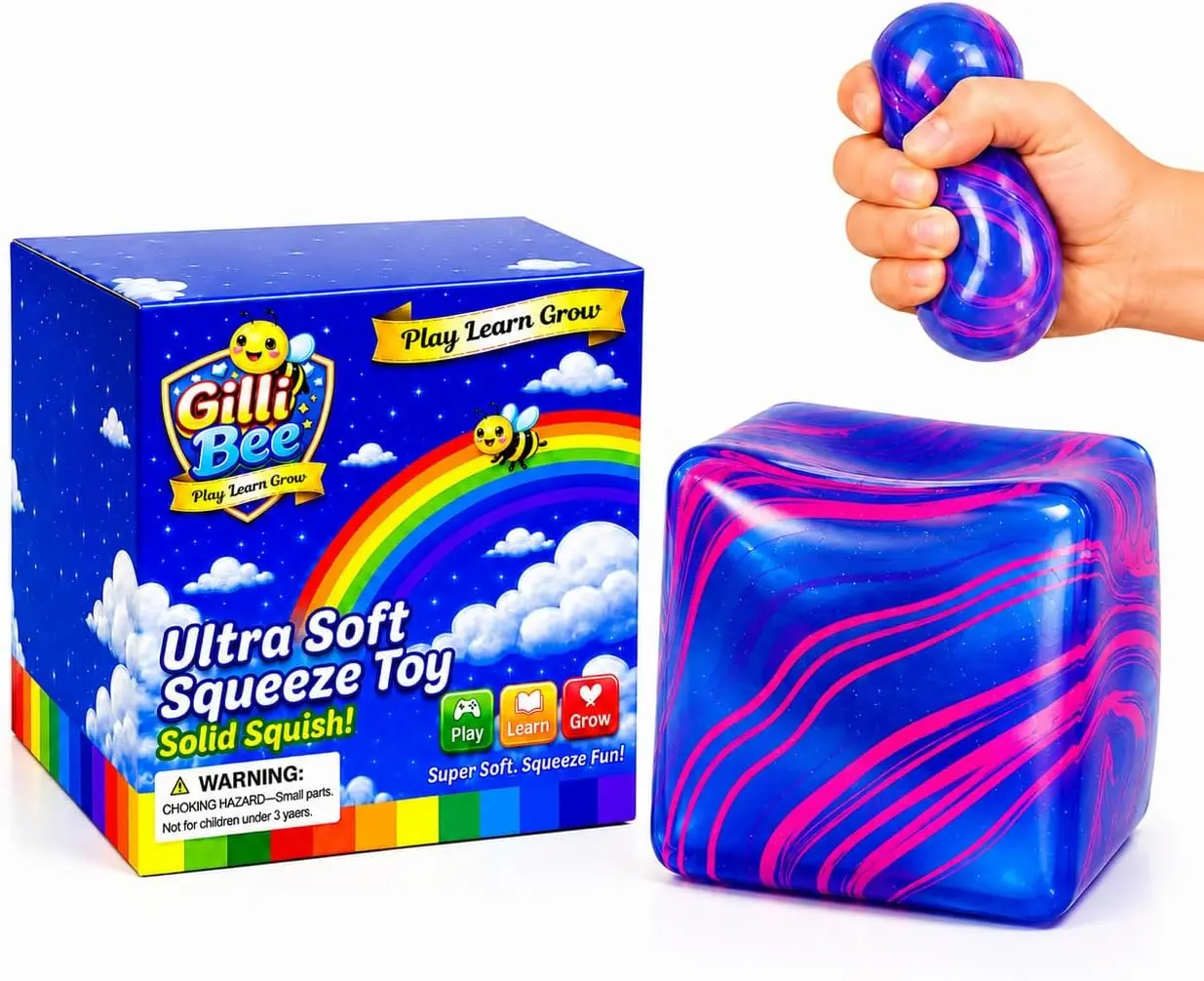 Marble Squeeze Cube 1.97in Blue - Slow Rise Sensory Toy | Blue marble squeeze cube, slow rise rebound, stress relief fidget toy for kids and adults, non-toxic TPR, ASTM tested