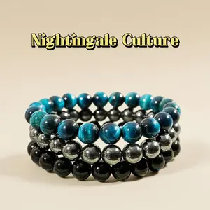 Culture Triple Protection Bracelet Set - 8mm Tiger's Eye Obsidian Amethyst & Hematite Unisex Crystal Healing Jewelry for Adults