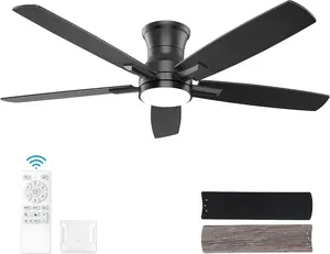 52 Inch Flush Mount Black Ceiling Fan with Light and Remote Control.Noiseless,Dimmable,3CCT,6 Speeds Reversible, Low Profile DC Ceiling Fans for Indoor Use