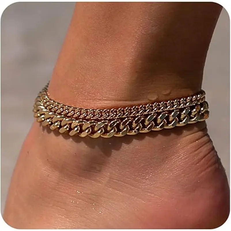 Niche simple fashion light luxury double-layer thick and fine grinding Cuban chain anklet versatile beach foot jewelry