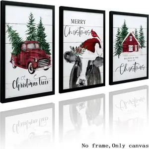 3pcs Christmas Wall Art Decorations, Farmhouse Style Hanging Paintings with Cow House Truck, Indoor Winter Holiday Decoration, Christmas Ornaments