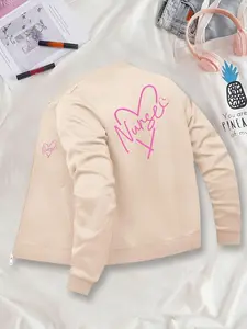 Women's Graphic Zipper Jacket, Casual Fitted Design, All Season Wear, Nurse Heart Pattern, Autumn Winter Layering Essential, Coats, Outerwear