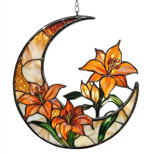 Crescent Moon and Lilies Acrylic Window Hanging, Lily Flower Moon Suncatcher Ornament, Faux Stained Glass, Elegant Home Decor, Mother Day Gifts