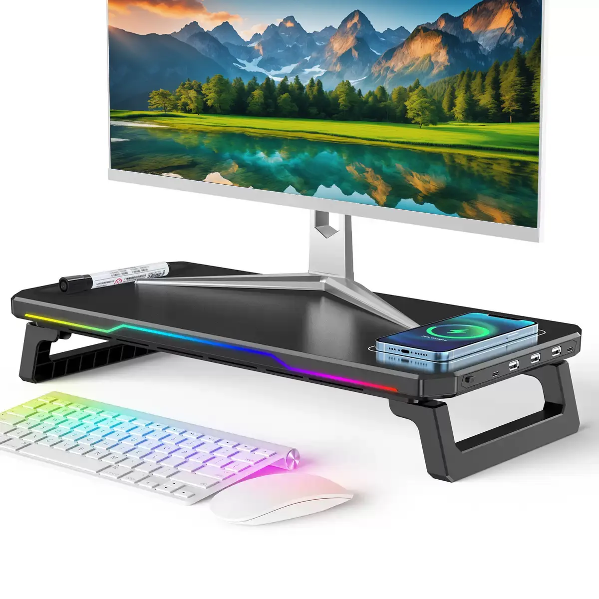 Monitor Riser with Wireless Charging,Monitor Stand with Usb Hub (3.0 & Type-C) and 15W Fast Wireless Charging,Monitor Riser with Usb C Ports for PC iMac (27 inches), Vibrant RGB Lighting Desk Organizer for Office/Home