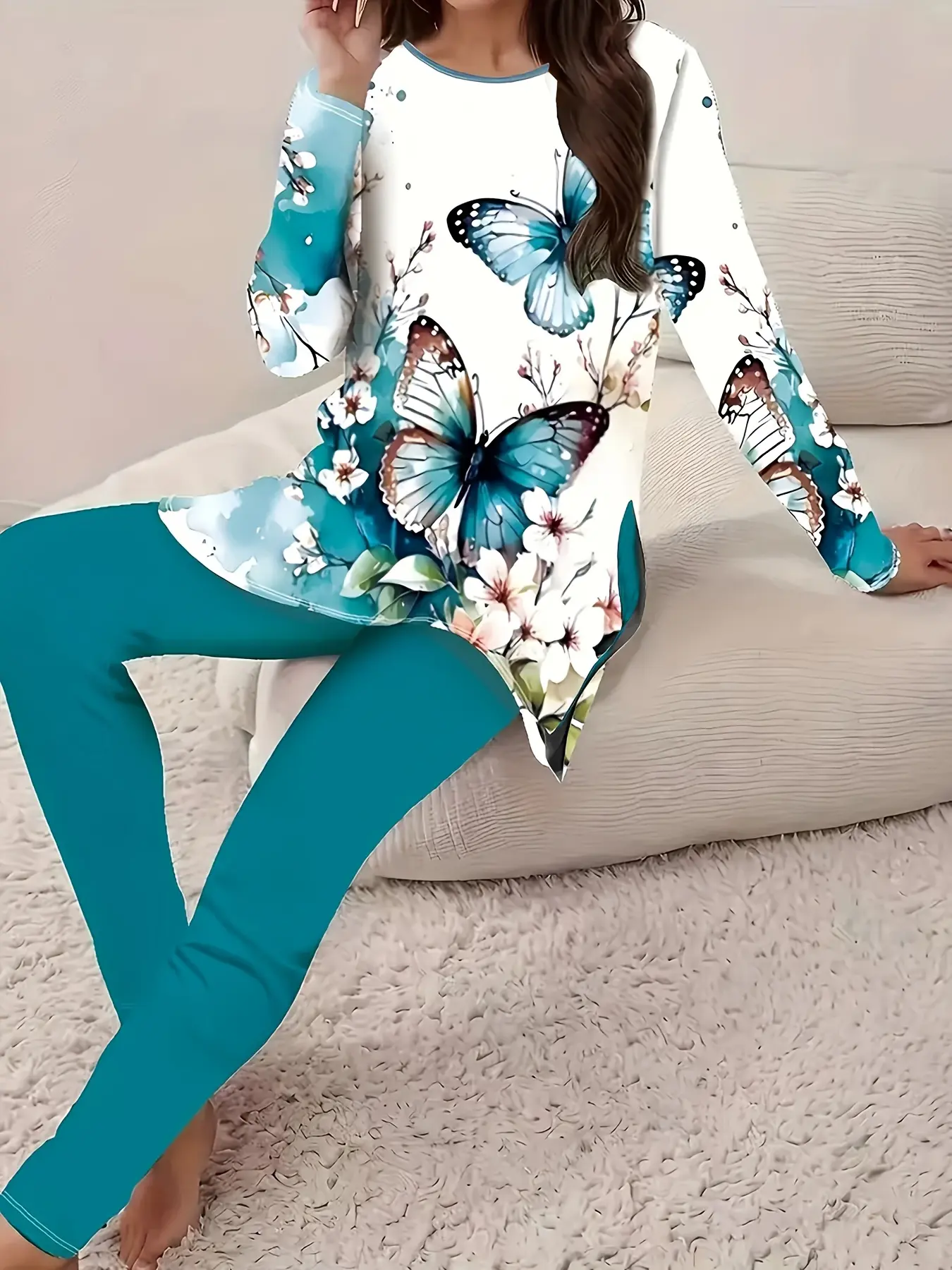 Butterfly Print Split Long Sleeve Top and Pants Set, Casual Two-Piece Loungewear Pajama Set, Casual Pajamas Set, Women's Fashion Clothing, Comfortable and Stylish, Womenswear