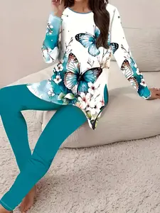 Butterfly Print Split Long Sleeve Top and Pants Set, Casual Two-Piece, Women's Fashion Clothing, Comfortable and Stylish
