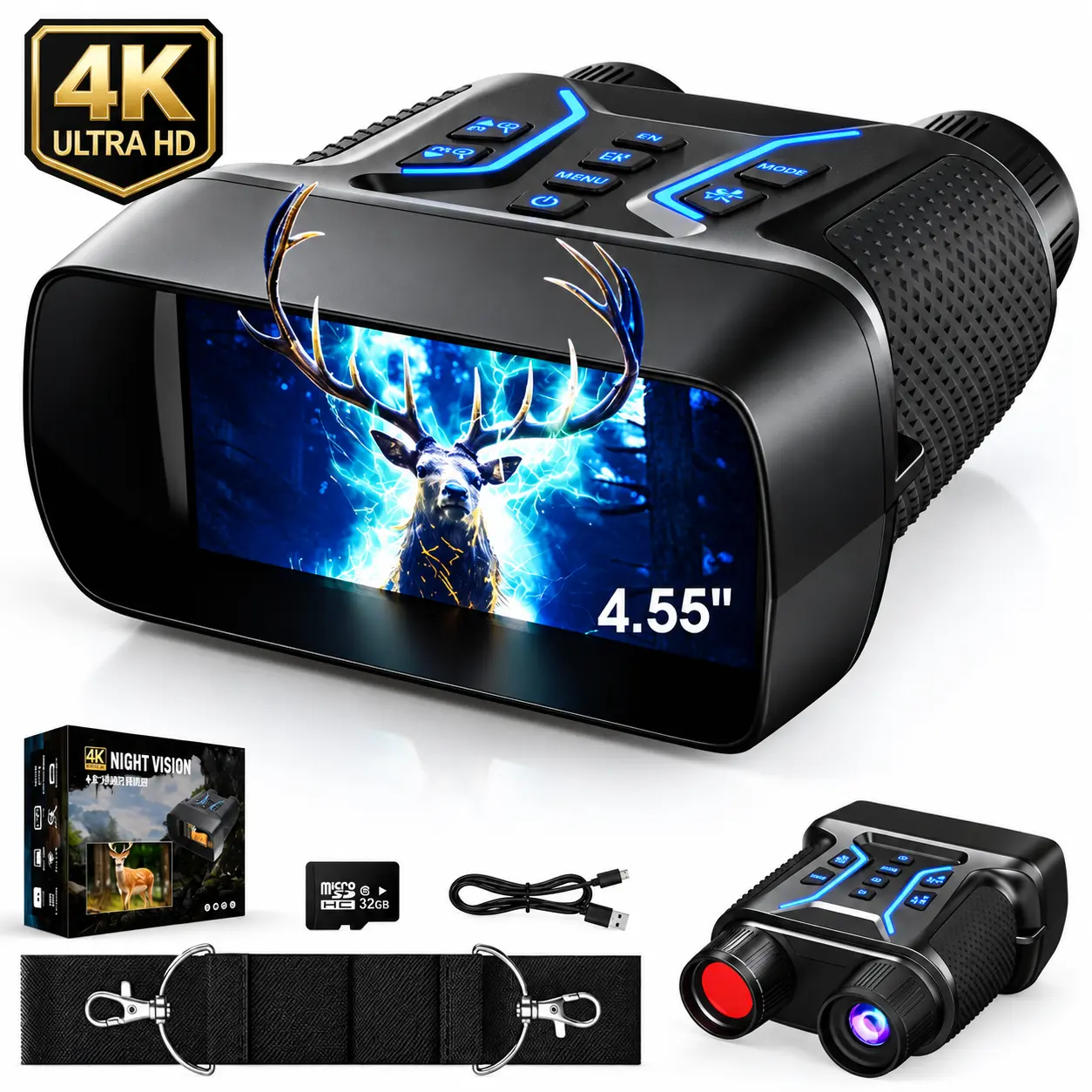 KINKA 4K Handheld Night Vision Binoculars for Adults - 4.55" Large Screen, 8X Zoom, 36MP Photos & Videos, 400m Range, Rechargeable, Includes 32GB SD Card - Ideal for Hunting, Camping