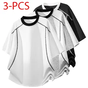 New color-block spliced line crewneck drop-shoulder loose T-shirt in ice silk, minimalist Japanese-style trendy design, versatile men’s short-sleeve for summer—casual wear, sports, and commuting, suitable for everyday wear.