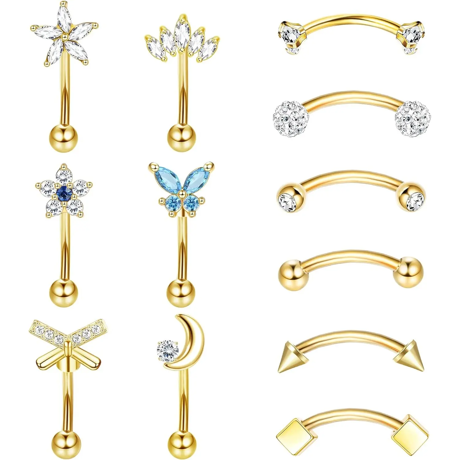 Milacolato 12Pcs 16G Geometric Stainless Steel Artificial Zircon Body Jewelry - Women's Curved Barbell Rook Daith Earrings, 6mm/8mm Eyebrow Piercing Pieces, Short Belly Lip Rings, Wearable Bling Effect Accessories, Wearable Jewelry, Set, Gold Bling Pierci