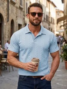 Men's Spring ＆ Summer Outfits Solid Color Plain Cable Knit Texture Polo Shirt, Vintage Short Sleeve Turn-Down Collar, Slim Fit Casual Top for Golf, Business Casual & Daily Wear