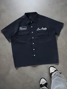 Men's Loose Fit Utility Pocket Design Casual Collared Shirt, Blue Button-Up Short Sleeve Shirt, Multi Pocket Casual Shirt, Graphic Los Angeles Reviewer Mechanic Shirt