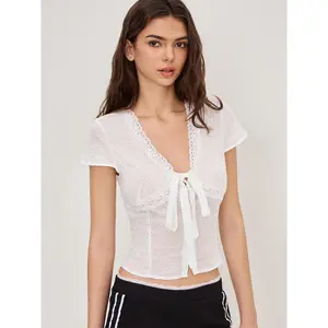 Cider 100% Cotton V-neck English Embroidery Bowknot Blouse