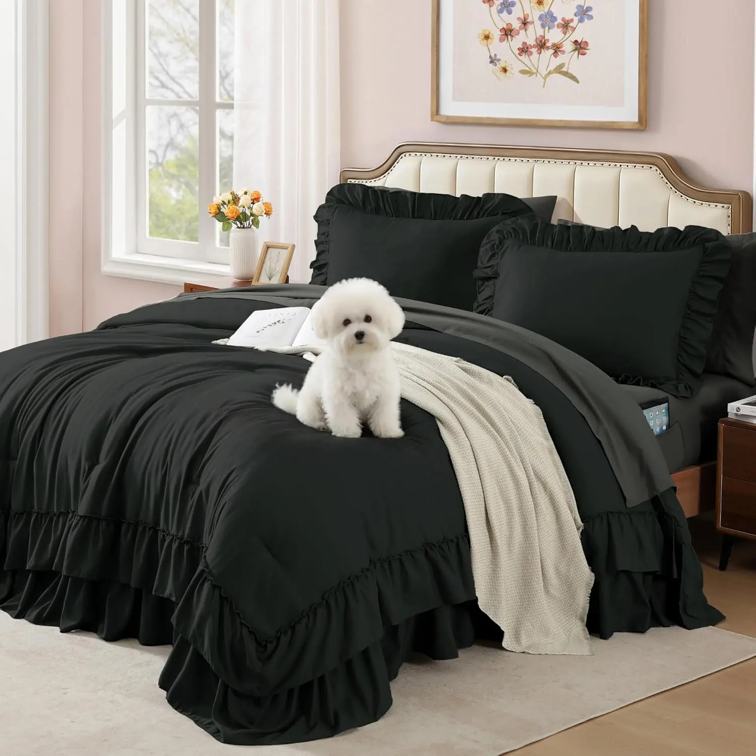 7-Piece Ruffled Farmhouse Bedding Set - Queen Size Comforter, All-Season Bed-in-a-Bag with Sheets, Pillowcases, Shams, Fluffy Quilt & Matching Linens, Ruffled Bedding Set
