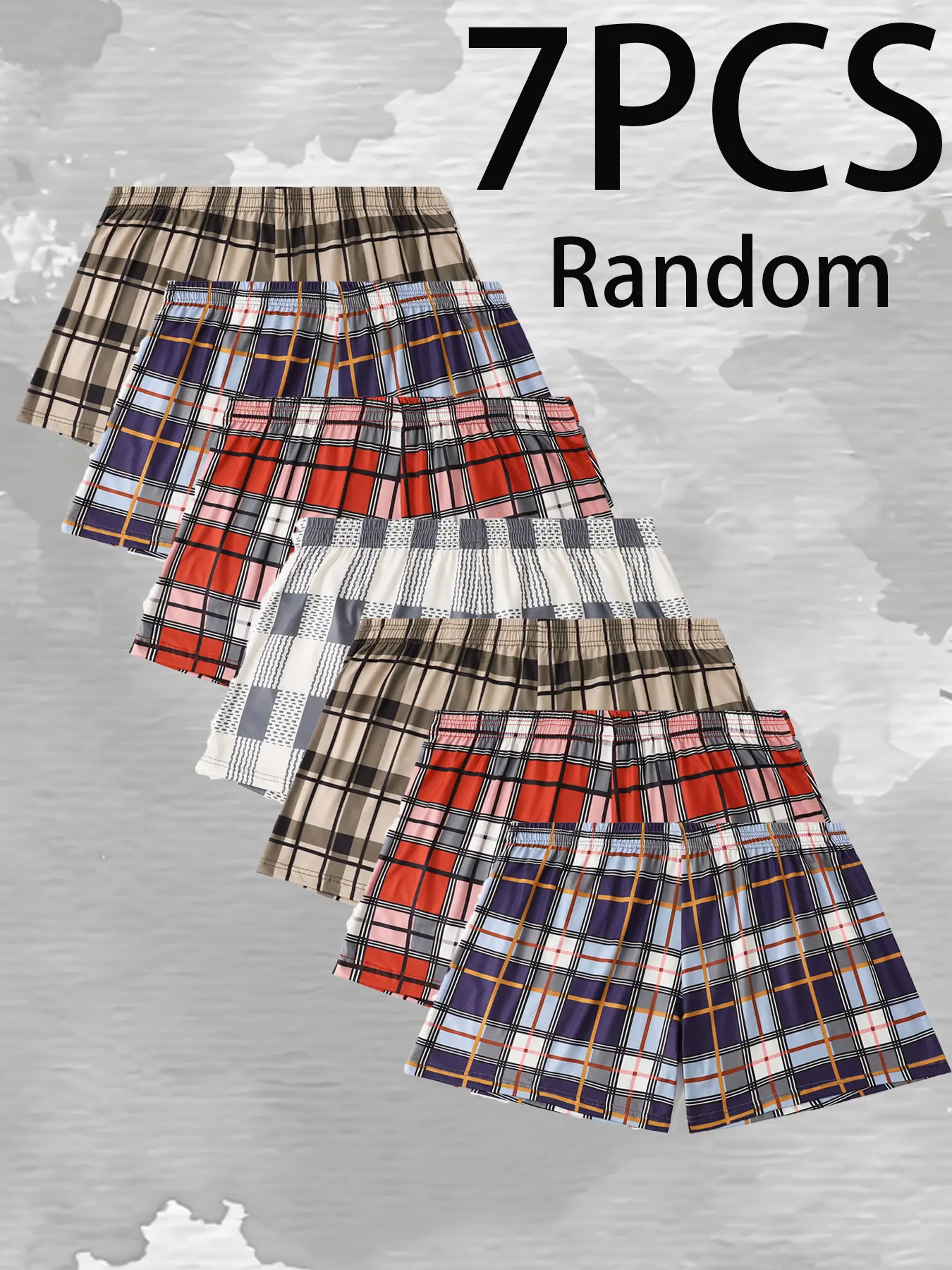 Men's Plaid Checked Knit Flat Front Fitted Shorts, Comfortable Breathable Elastic Waistband, Casual Print Summer Home Wear, Casual Comfy Stretch, Pack of 7 Random Colors
