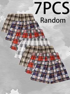Men's Plaid Flat Front Fitted Shorts, Comfortable Breathable Elastic Waistband, Casual Summer Home Wear, Pack of 7 Random Colors