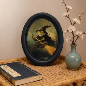 Vintage Frog Witch Riding Broom Oval Frame Decor, Gothic Home Wall Art, Harry Potter Style, Dark Academy Theme, Wall Decoration Sculpture